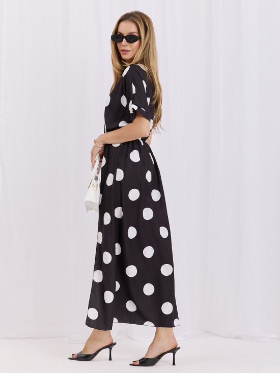 Schwarz-weißes Midi-Kleid mit Punkten und Wickelausschnitt