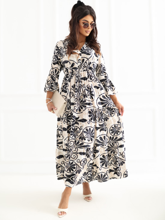 Schwarzes Midi-Kleid mit Print und Bindegürtel