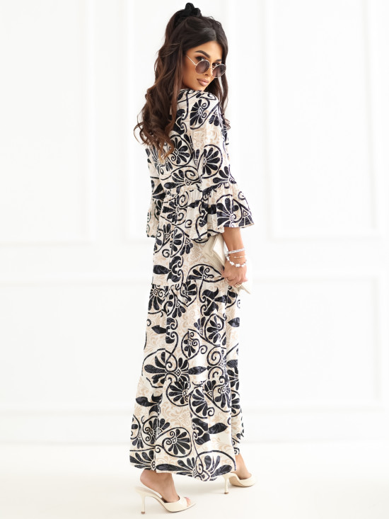 Schwarzes Midi-Kleid mit Print und Bindegürtel