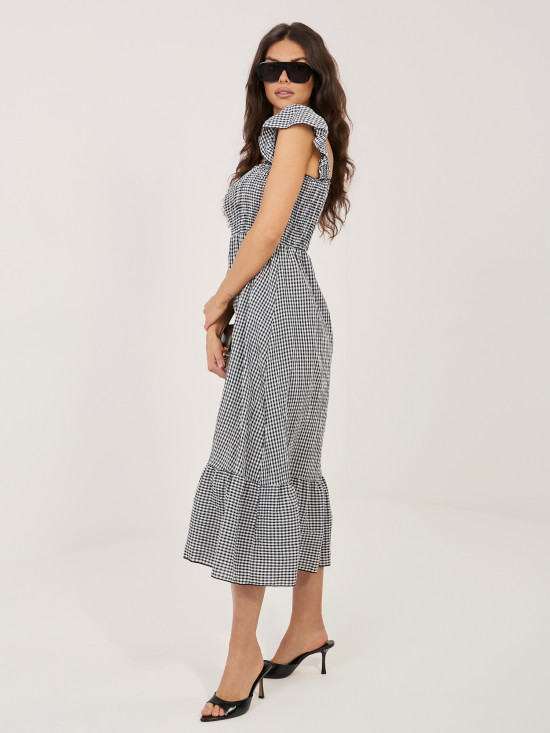 Schwarzes Midi-Kleid mit Volant und Karomuster