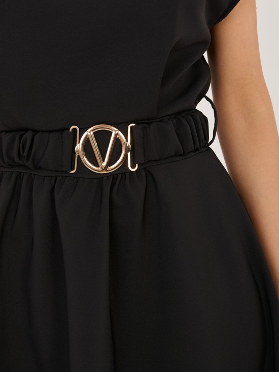 Schwarzes ausgestelltes Midi-Kleid mit Gürtel