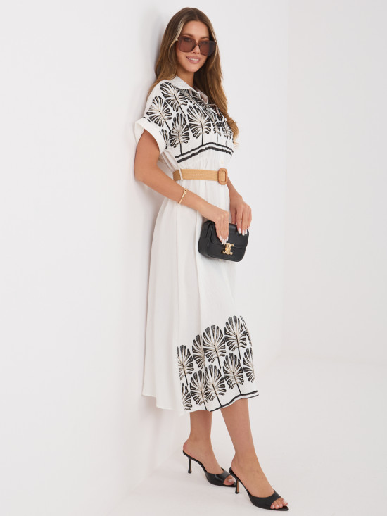 Weiß-schwarzes Hemdblusenkleid mit Stickerei und Gürtel, midi