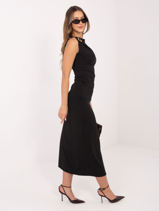 Elegantes schwarzes Midi-Kleid mit Wasserfallausschnitt