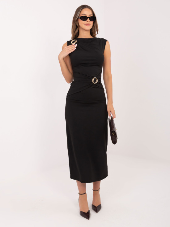 Elegantes schwarzes Midi-Kleid mit Wasserfallausschnitt