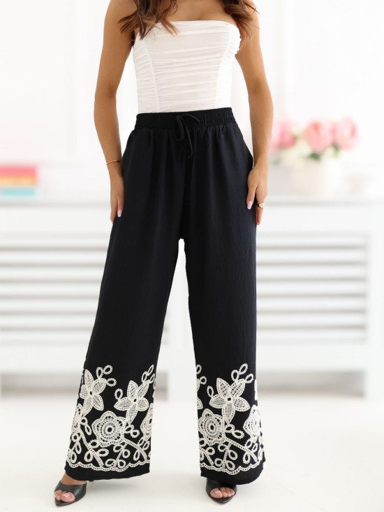 Schwarze Wide-Leg-Hose mit Stickerei