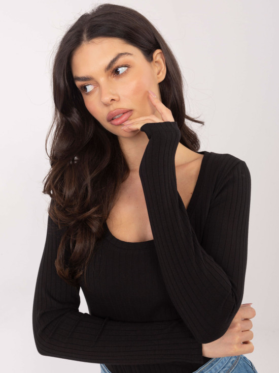 Schwarzer, gerippter Body mit langen Ärmeln