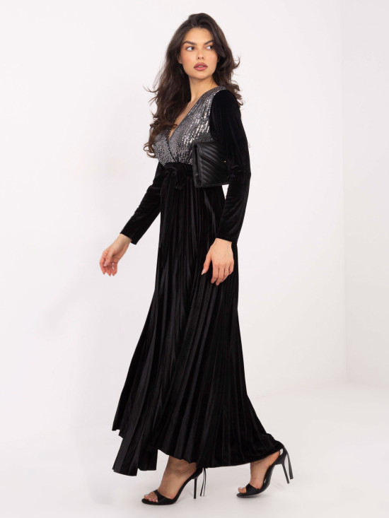 Schwarzes Maxi-Kleid mit Gürtel und Pailletten
