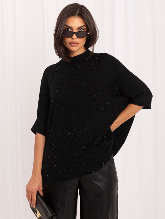 Eleganter schwarzer Pullover mit Applikation und Stehkragen