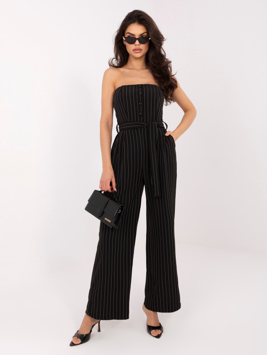 Schwarzer gestreifter Jumpsuit mit Gürtel und weitem Bein