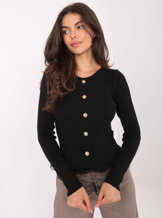 Eleganter schwarzer Pullover mit Spitze und Knöpfen