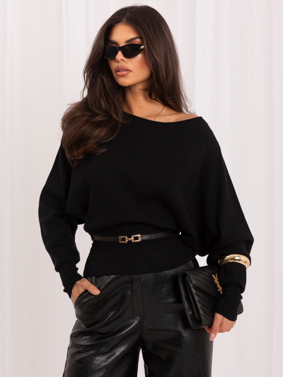 Eleganter schwarzer Pullover mit Gürtel und U-Boot-Ausschnitt