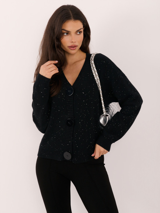 Eleganter schwarzer Pullover mit Pailletten und Knöpfen