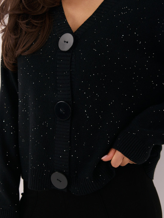 Eleganter schwarzer Pullover mit Pailletten und Knöpfen