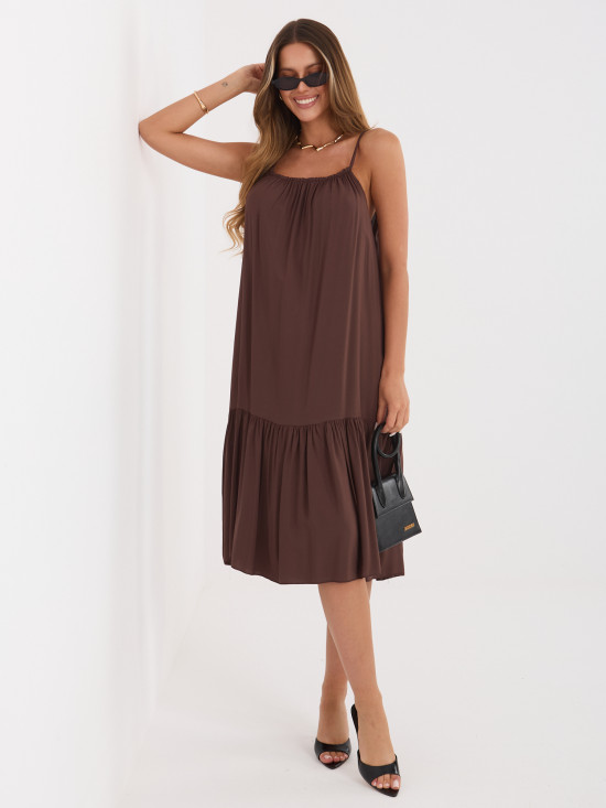 Braunes ausgestelltes Midi-Kleid mit Volant
