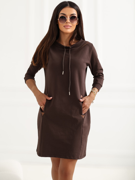Braunes Baumwoll-Minikleid mit 3/4-Ärmeln