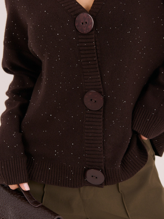 Eleganter brauner Pullover mit Pailletten und Knöpfen