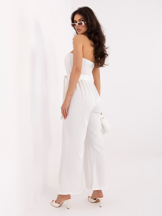 Eleganter Jumpsuit mit Streifen und Gürtel, ecru