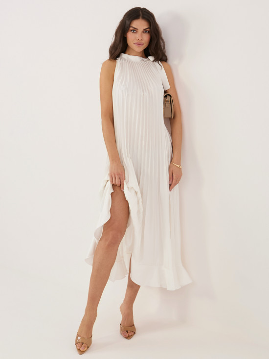 Elegantes Midi-Kleid mit Volant und Bindegürtel, ecru