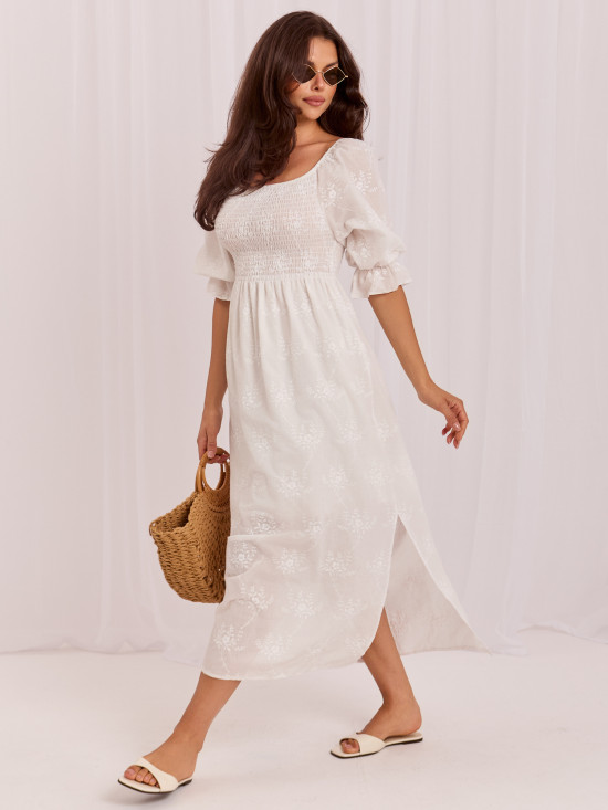 Baumwoll-Midikleid mit Stickerei und 3/4-Ärmeln