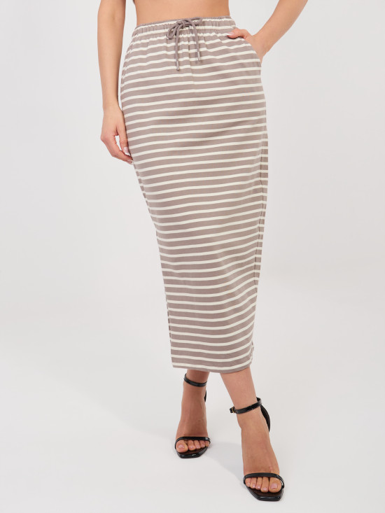 Beiger Midi-Rock mit Streifen und Taschen