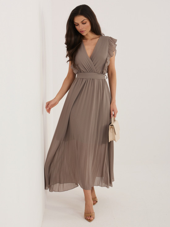 Beiges ausgestelltes Midi-Kleid mit Gürtel