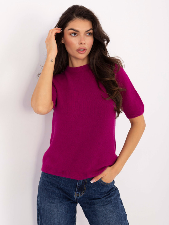 Fuchsiafarbener Strickpullover mit kurzem Ärmel