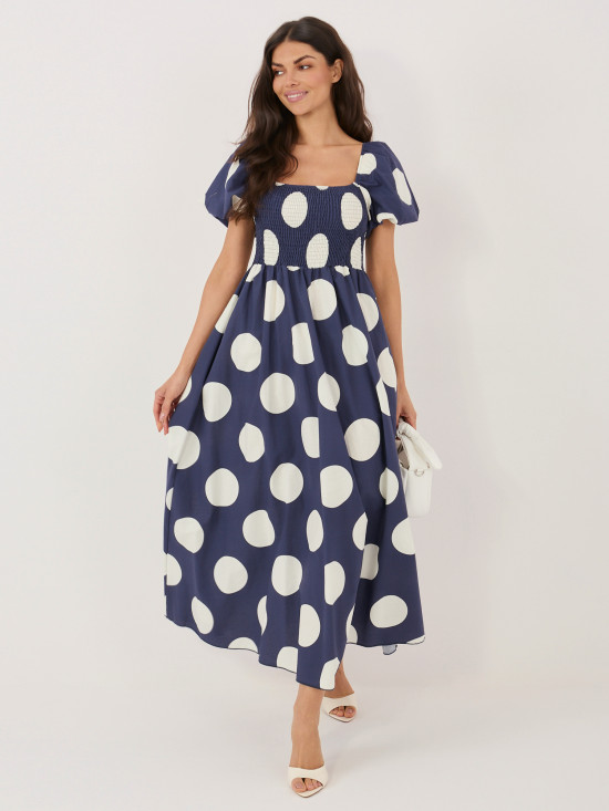 Maxikleid mit Punkten und Carmen-Ausschnitt, Navy
