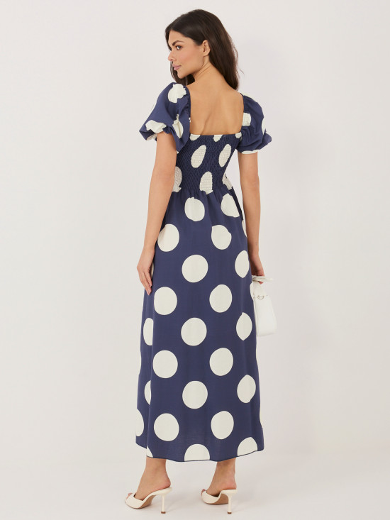 Maxikleid mit Punkten und Carmen-Ausschnitt, Navy