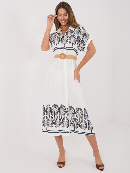 Weiß-blaues Hemdblusenkleid mit Stickerei und Gürtel, midi