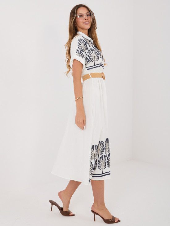 Weiß-blaues Hemdblusenkleid mit Stickerei und Gürtel, midi