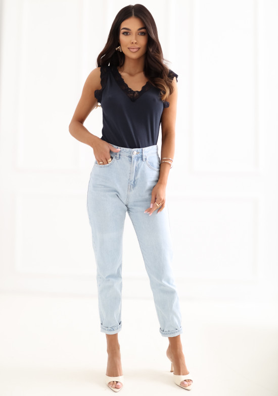 Blaues Ripp-Top mit Spitze und V-Ausschnitt