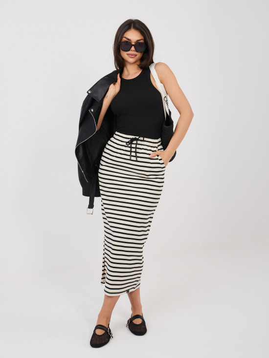 Beiger Midi-Rock mit Streifen und Taschen