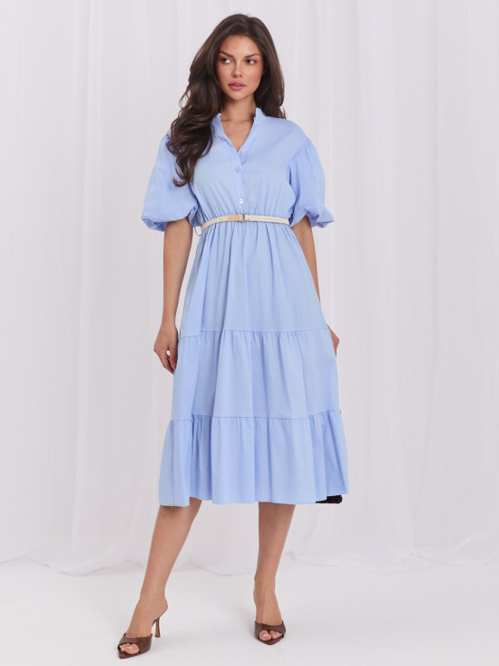 Hellblaues ausgestelltes Midi-Kleid mit Gürtel und Volant