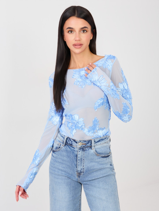Elegante blaue Bluse mit Blumenapplikation und Stickerei