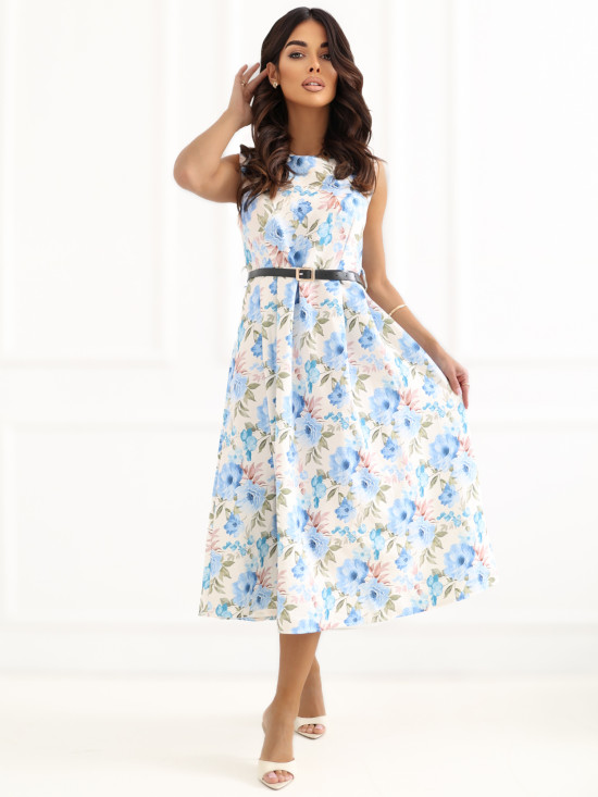 Hellblaues ausgestelltes Midi-Kleid mit Gürtel