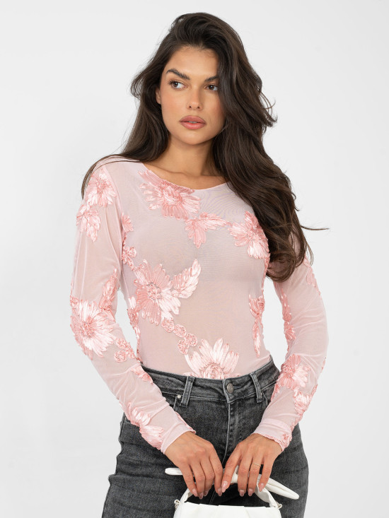 Elegante rosa Bluse mit Blumenapplikation und Stickerei