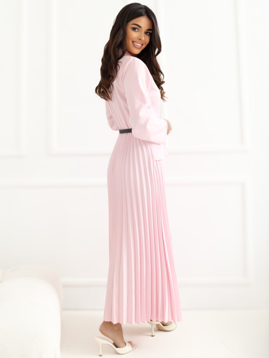 Elegantes ausgestelltes Midi-Kleid mit Gürtel und Kragen, rosa