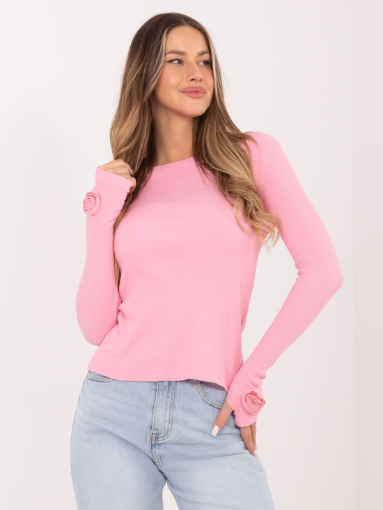 Hellrosa, gerippte Bluse mit langen Ärmeln