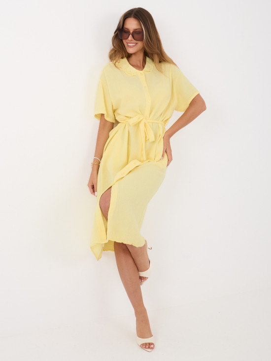 Gelbes ausgestelltes Midi-Kleid mit Gürtel und Taschen