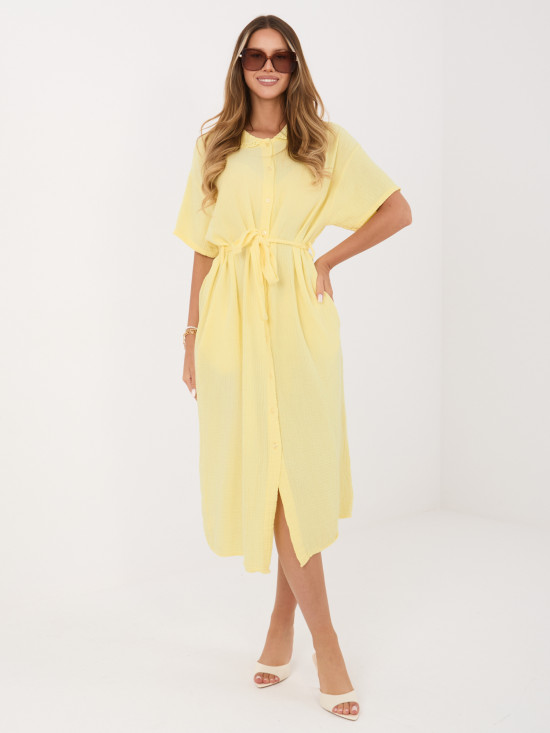Gelbes ausgestelltes Midi-Kleid mit Gürtel und Taschen