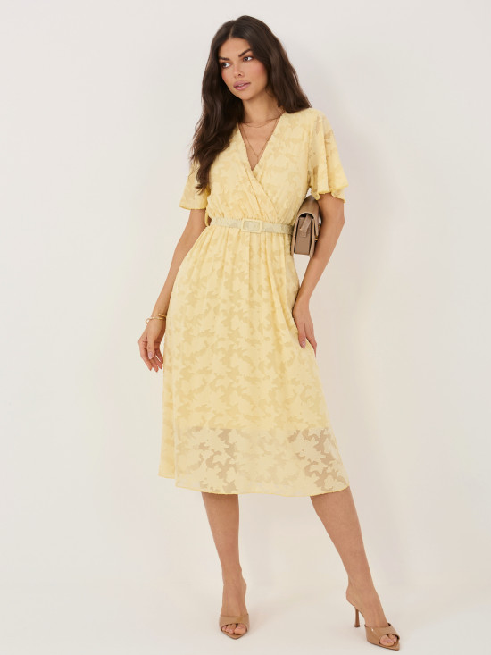 Gelbes ausgestelltes Midi-Kleid mit Gürtel