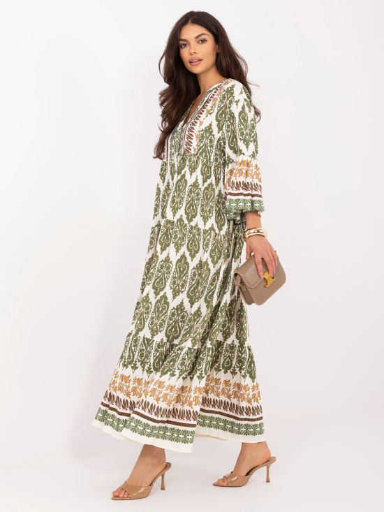 Khaki Maxi-Kleid mit Print und 3/4-Ärmeln