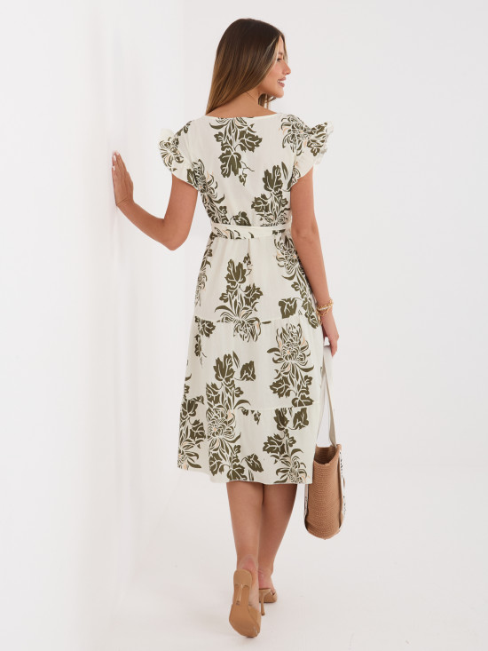 Khaki Midi-Kleid mit Print und Gürtel