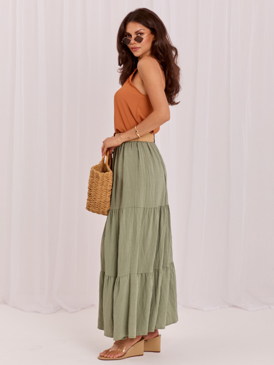 Maxi-Boho-Rock mit Volant und Gürtel, khaki