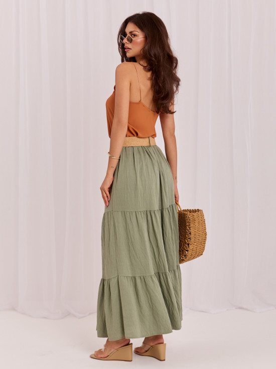 Maxi-Boho-Rock mit Volant und Gürtel, khaki
