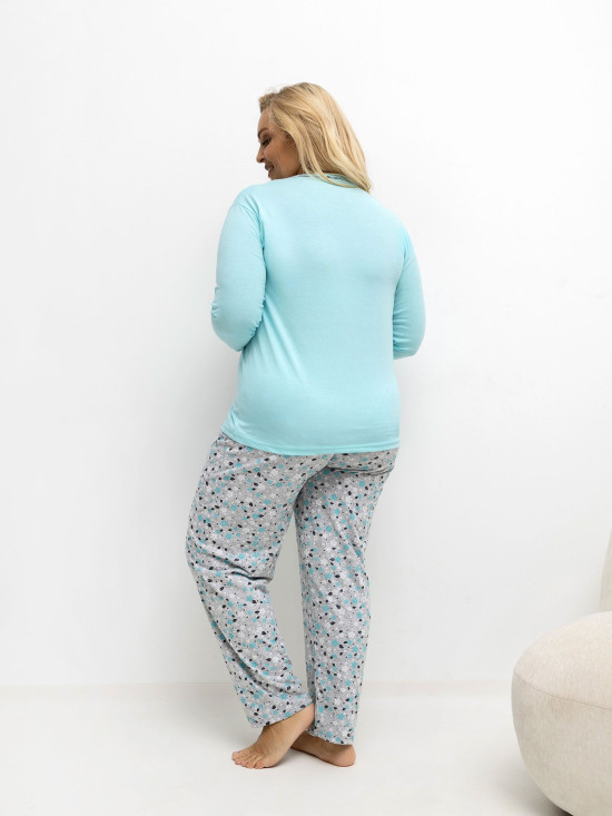 Damen-Baumwollpyjama mit Blumenmuster und Knöpfen, mintgrün