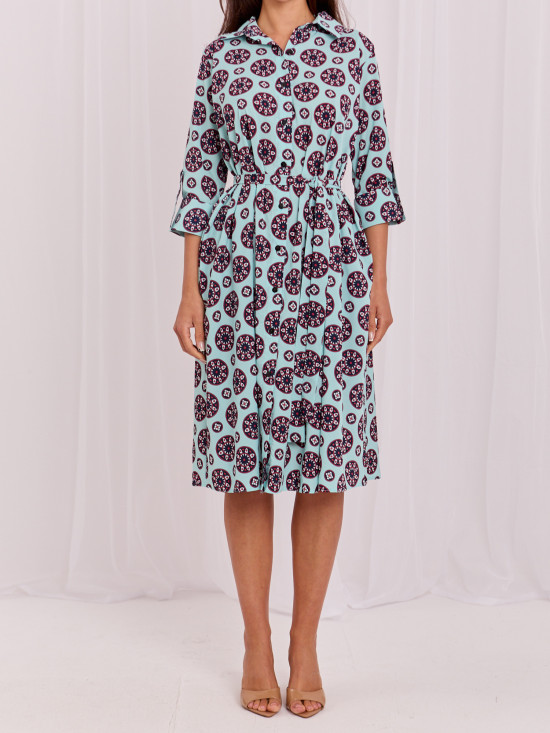 Elegantes ausgestelltes Midi-Kleid mit Gürtel und Print