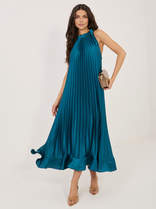 Blaues Cocktail-Midikleid mit Bindegürtel und Volant