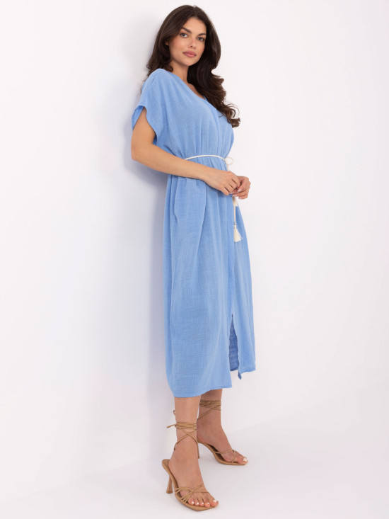 Oversize blaues Kleid mit Gürtel und Taschen