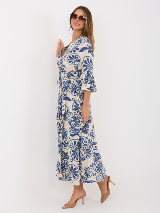 Blaues Midi-Kleid mit Print und Bindegürtel